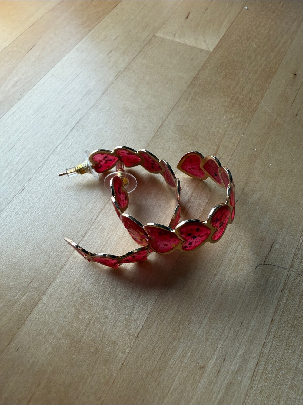Gold-Tone Hoop Earrings with Pink Heart Accents